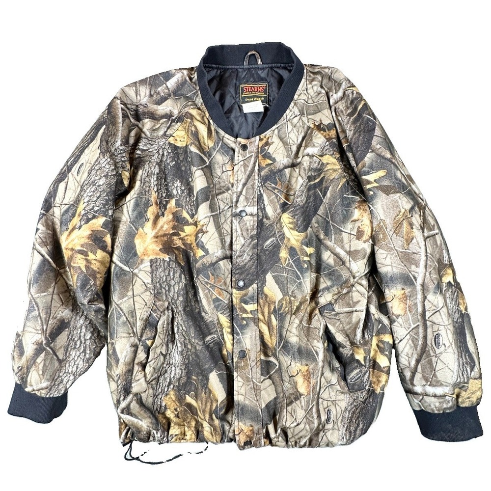 Vintage Stearns Dry Wear RealTree Hardwoods Camo Bomber Jacket Mens XL Snap